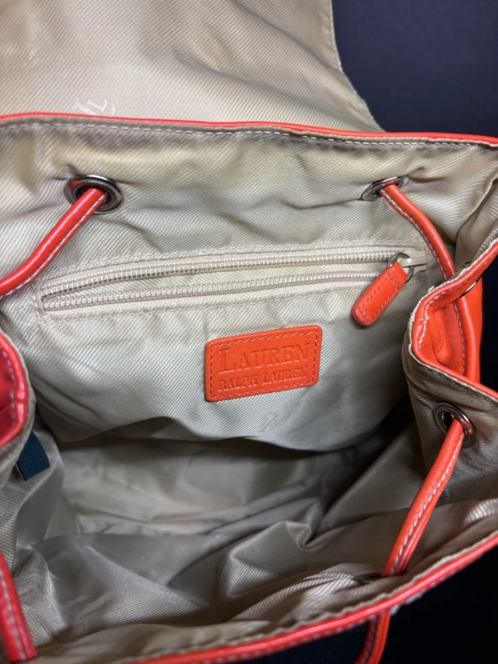 Lauren Ralph Lauren Orange Leather Drawstring Backpack Bag RL Logo